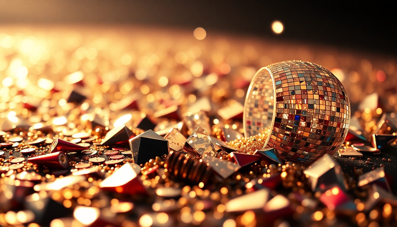 An extreme close-up photograph of glittering sequins and shattered glass reflecting dramatic studio lighting, conceptually representing the glamour and energy of A$AP Rocky's live performance.