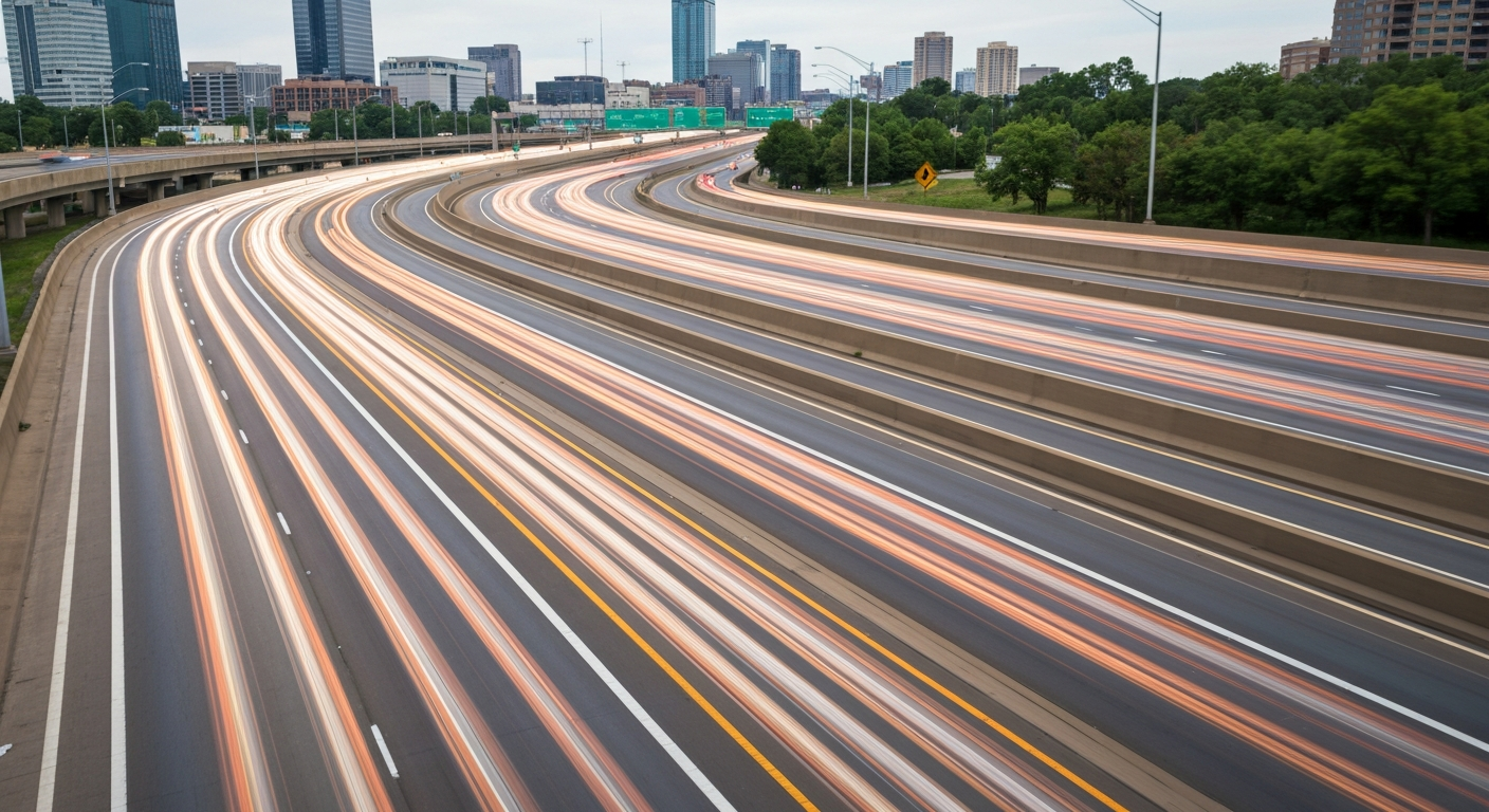 An abstract, colorful image of a busy highway in the Dallas-Fort Worth area, with sweeping brushstrokes and blurred motion conveying the scale and complexity of the region's transportation infrastructure.