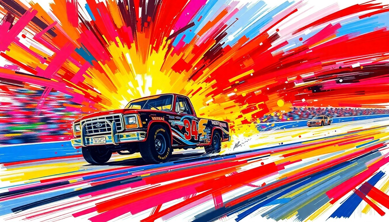 An abstract, expressionist painting in neon colors depicting the high-speed action and movement of a NASCAR Truck Series race, with no discernible faces, logos, or other identifiable elements.