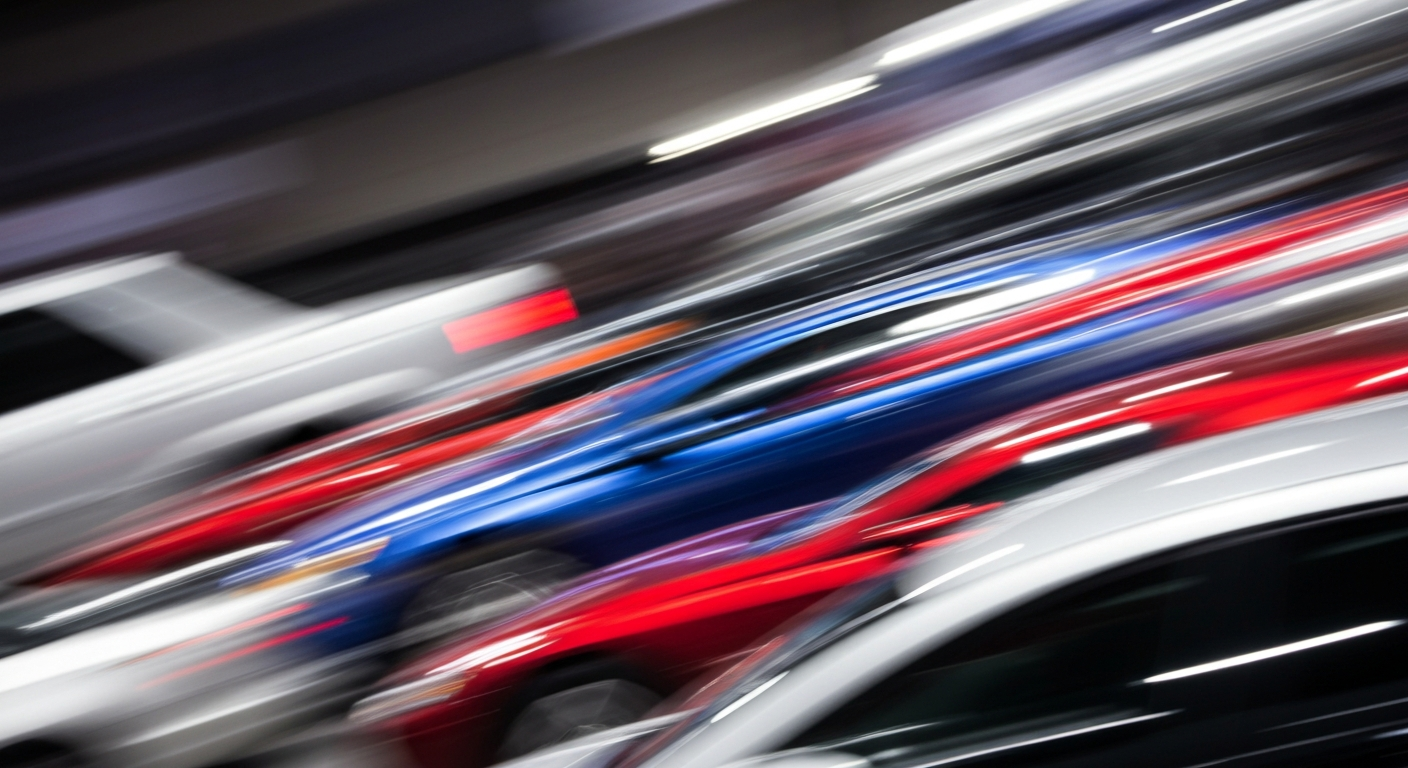 An abstract, sweeping color photograph capturing the dynamic motion of various vehicles at the Colorado Auto Show, with blurred lines of vibrant reds, blues, and silvers conveying the energy and excitement of the event.