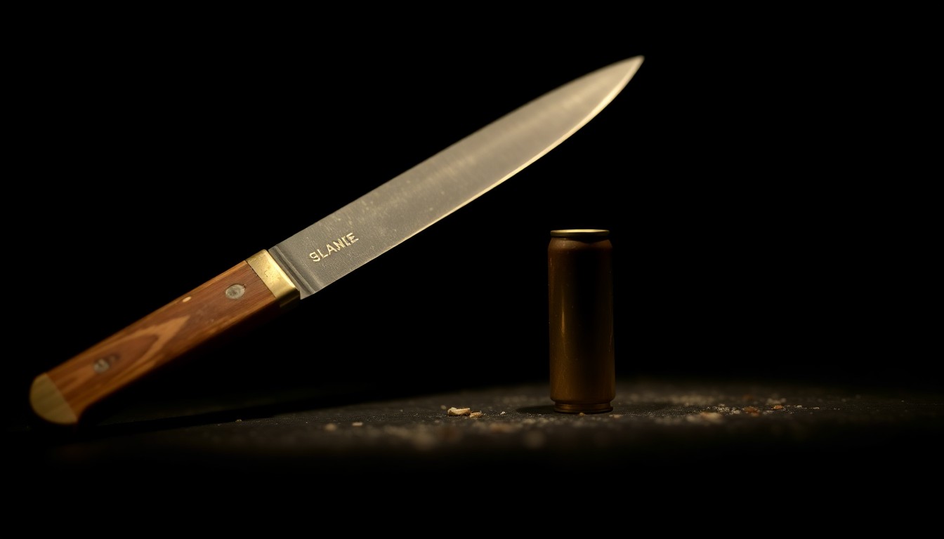 An extreme close-up photograph of a single piece of physical evidence related to the crime, such as a knife or a bullet casing, lit by a harsh, direct camera flash against a pitch-black background, conceptually illustrating the stark, gritty nature of the investigation.