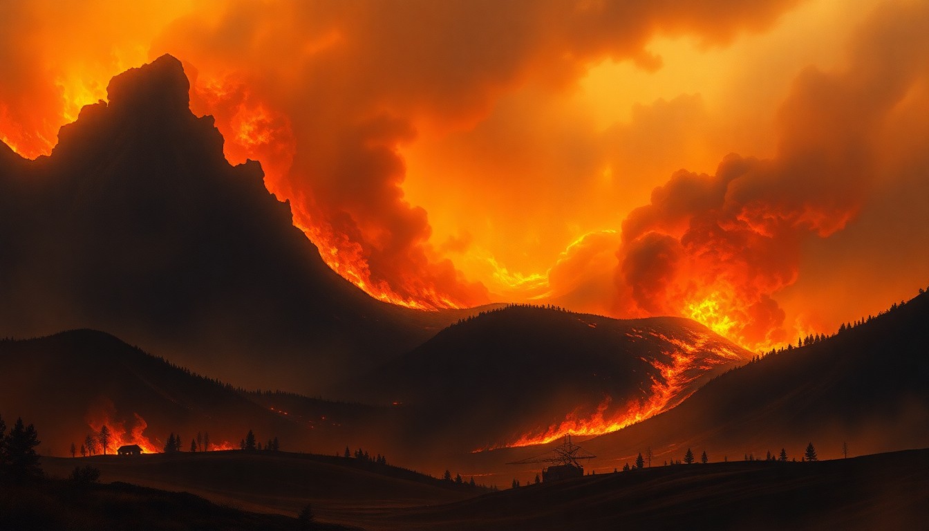 A sweeping, atmospheric landscape painting depicting a massive wildfire consuming the horizon, with the flames and smoke dwarfing any physical structures or equipment caught within the frame, conveying the raw power and scale of the natural disaster.