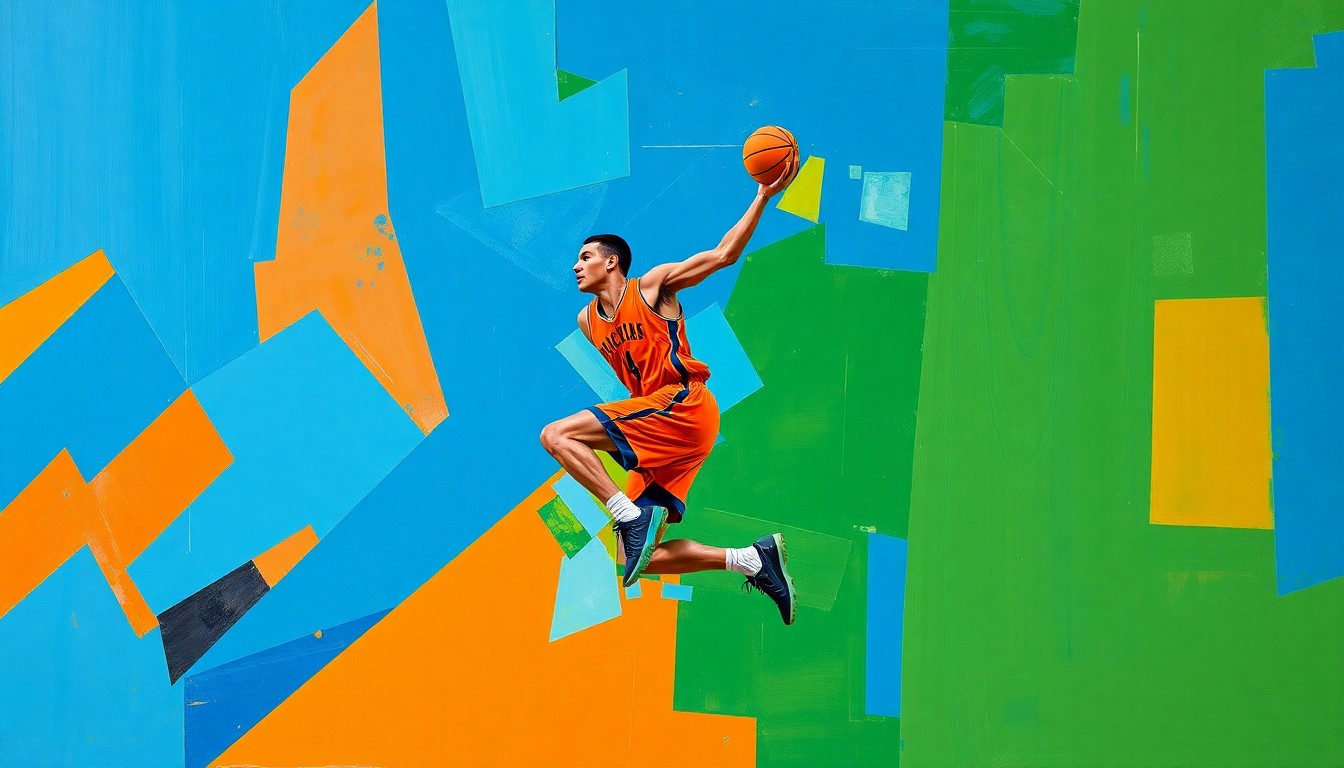 A cubist-style painting depicting a basketball player's movements broken down into sharp, overlapping geometric shapes and planes in vibrant colors, conveying the energy and intensity of the sport.