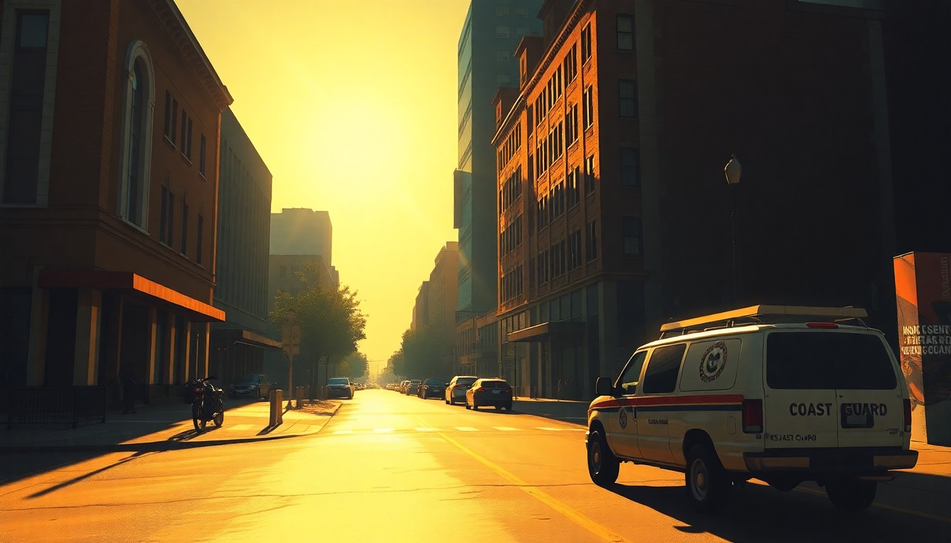 A serene, nostalgic painting of a downtown Topeka street scene, with a Coast Guard vehicle parked on the curb and the surrounding buildings bathed in warm, golden light and deep shadows, conceptually representing the community's efforts to support federal workers during a challenging time.