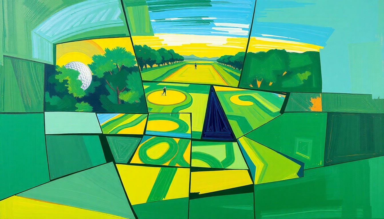 A fragmented, geometric painting in vibrant colors depicting a golf tournament, with overlapping shapes and planes representing the various perspectives and movements of the game.