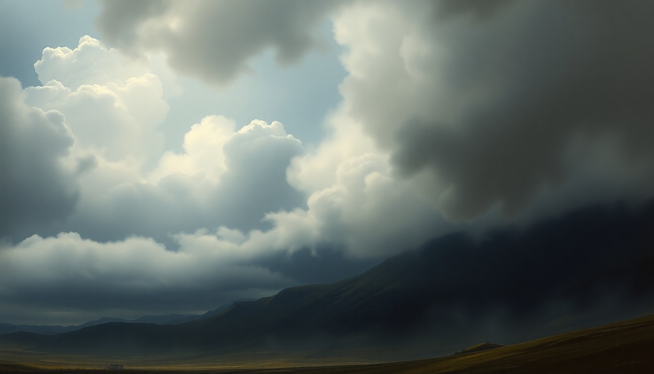 A sweeping, atmospheric landscape painting in muted tones of gray, blue, and green, with a dramatic, turbulent sky filled with heavy rain clouds obscuring the horizon and dwarfing any physical structures or objects in the scene, conveying the overwhelming power of the impending storm.