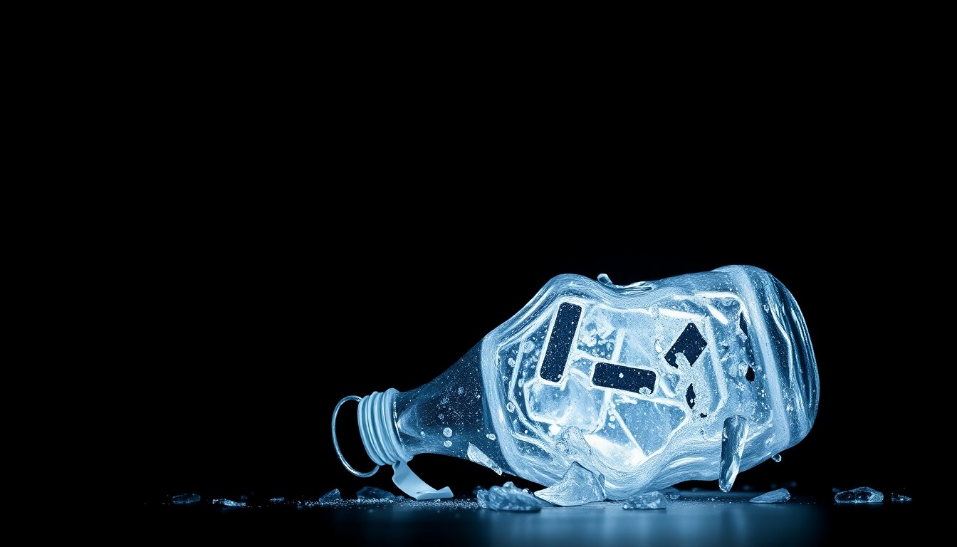 An extreme close-up of a shattered metal water bottle, its jagged edges and dents illuminated by a harsh flash against a dark background, conceptually representing the violence and trauma of the tragic incident.