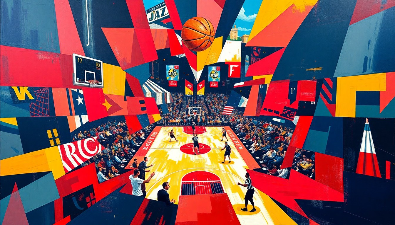 A cubist, geometric painting depicting the dynamic action of a basketball game between the Houston Rockets and Utah Jazz, with overlapping planes of vibrant red and navy blue creating a sense of movement and energy.