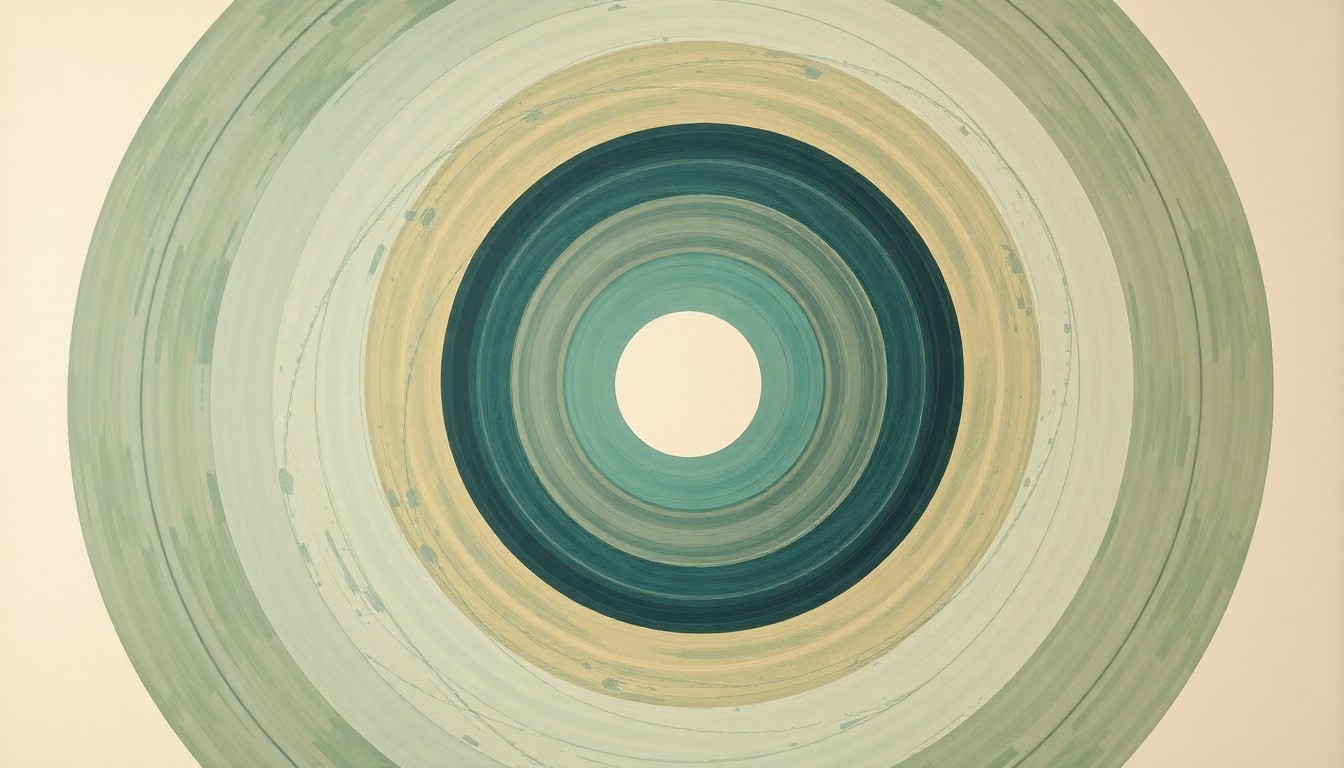 A bold, abstract painting in the style of Hilma af Klint, featuring sweeping geometric arcs, concentric circles, and precise spirals in earthy tones of green, blue, and gold, representing the complex forces and concepts of the Artemis II mission to the Moon.