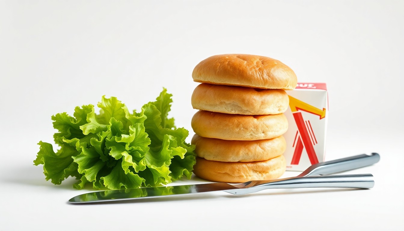 A high-end, photorealistic studio still-life photograph featuring a stack of fresh, juicy hamburger buns, a carton of crisp lettuce leaves, and a gleaming metal spatula against a clean, white background, conceptually representing the premium quality of In-N-Out Burger's ingredients.