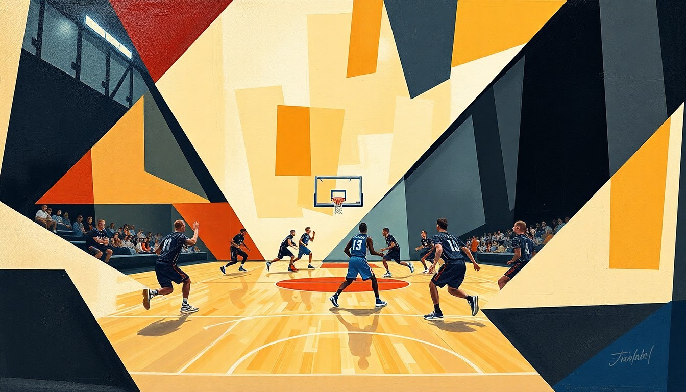 An abstract, cubist-style painting depicting the dynamic movements and overlapping perspectives of a high school basketball game, with the players and court deconstructed into sharp, geometric shapes and planes.