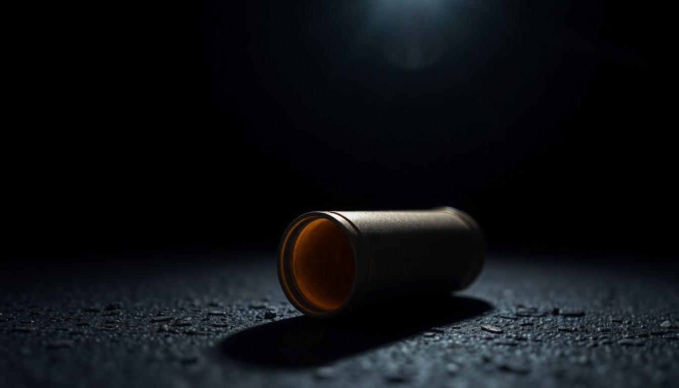 An extreme close-up of a shiny, metallic spent shell casing resting on a dark, textured surface, conceptually representing the physical evidence from a shooting investigation.