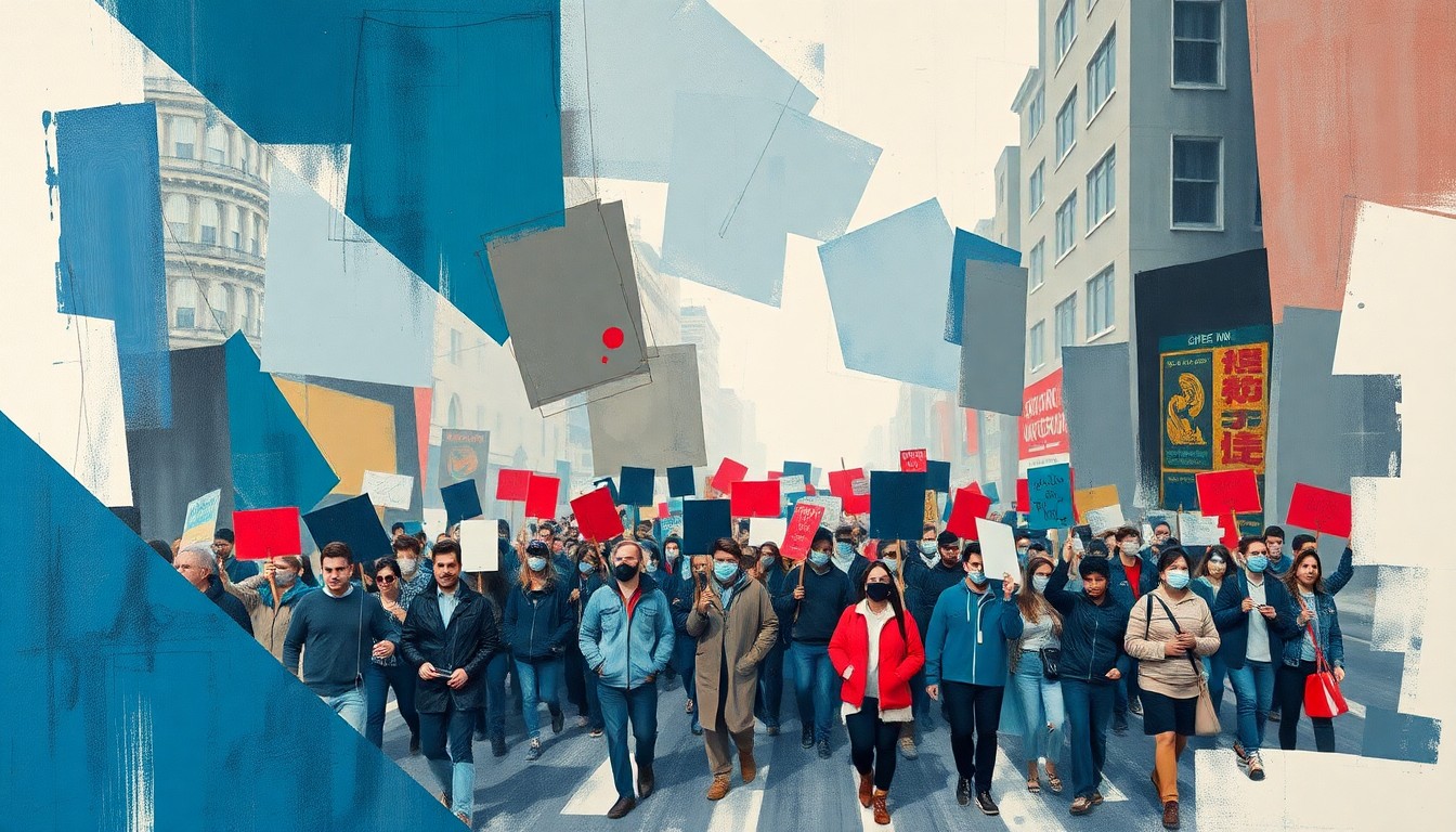 A vibrant, abstract painting depicting a crowd of protesters marching down a city street, with overlapping geometric shapes and waves of color representing the dynamic and confrontational nature of the event.