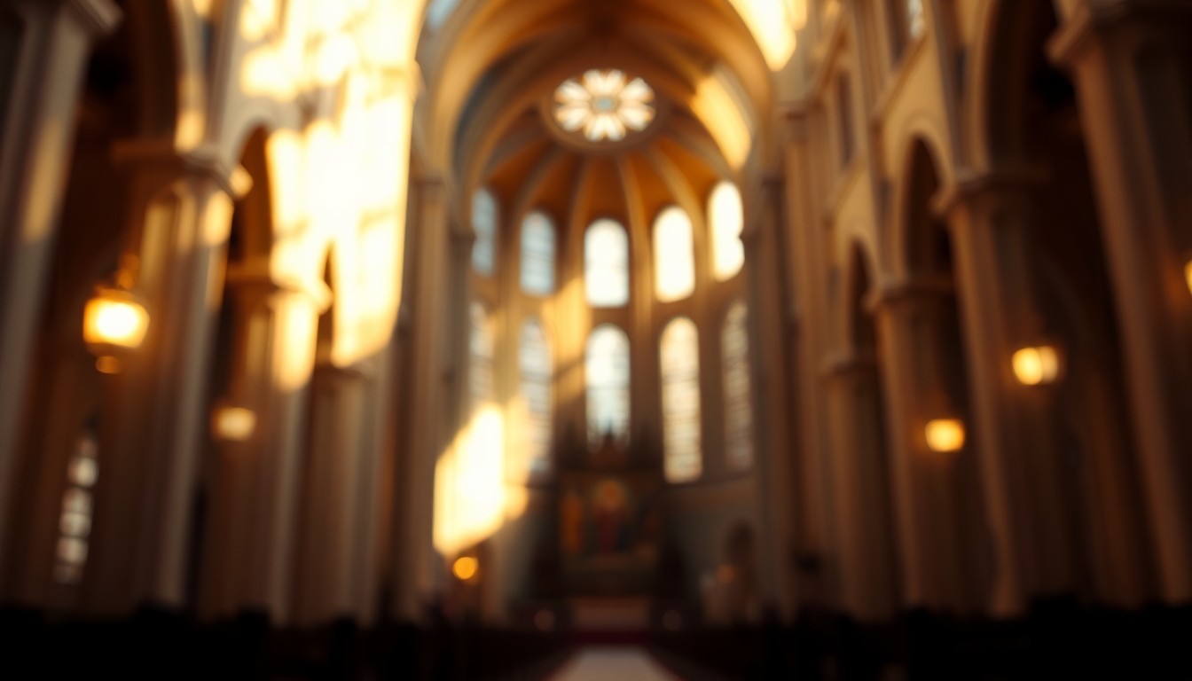 A softly blurred, out-of-focus photograph of the interior of a cathedral, with warm pools of light and shadow creating an ethereal, contemplative atmosphere that evokes a sense of reverence and spirituality.