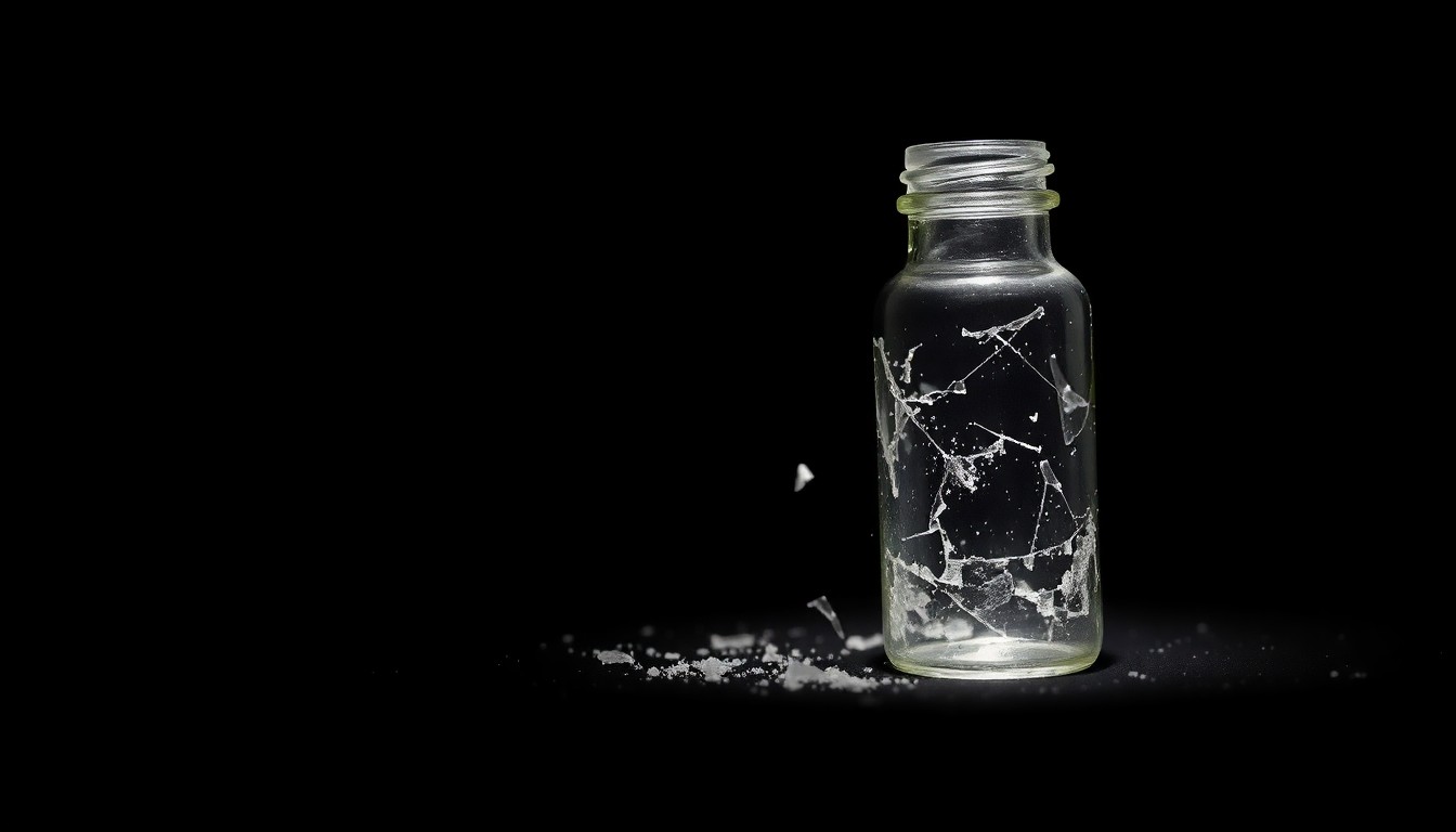 An extreme close-up photograph of a shattered glass vial against a pitch-black background, capturing the texture and material details in dramatic lighting to conceptually represent the PCP found on the suspect during this neighborhood disturbance incident.