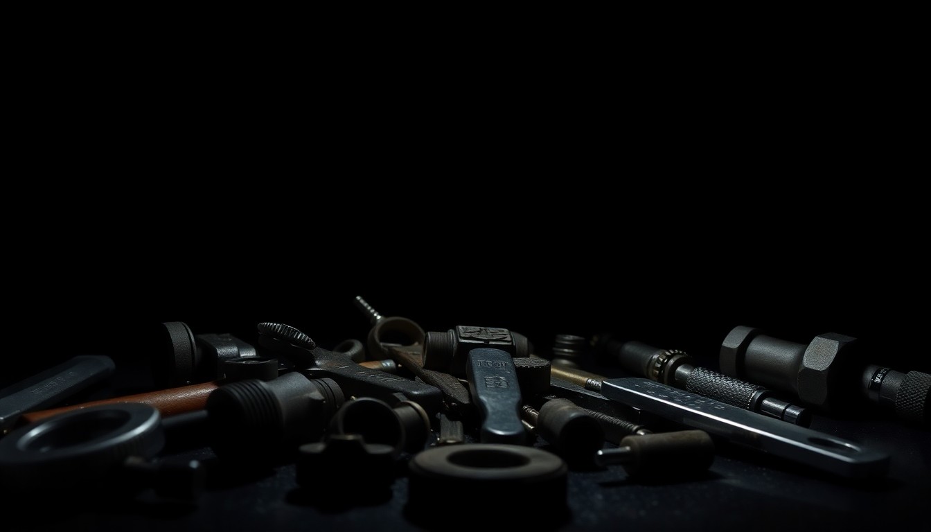 An extreme close-up of a collection of tools and mechanical parts, their surfaces and textures dramatically illuminated by a harsh camera flash against a pitch-black background, conceptually representing the evidence gathered in a burglary investigation.