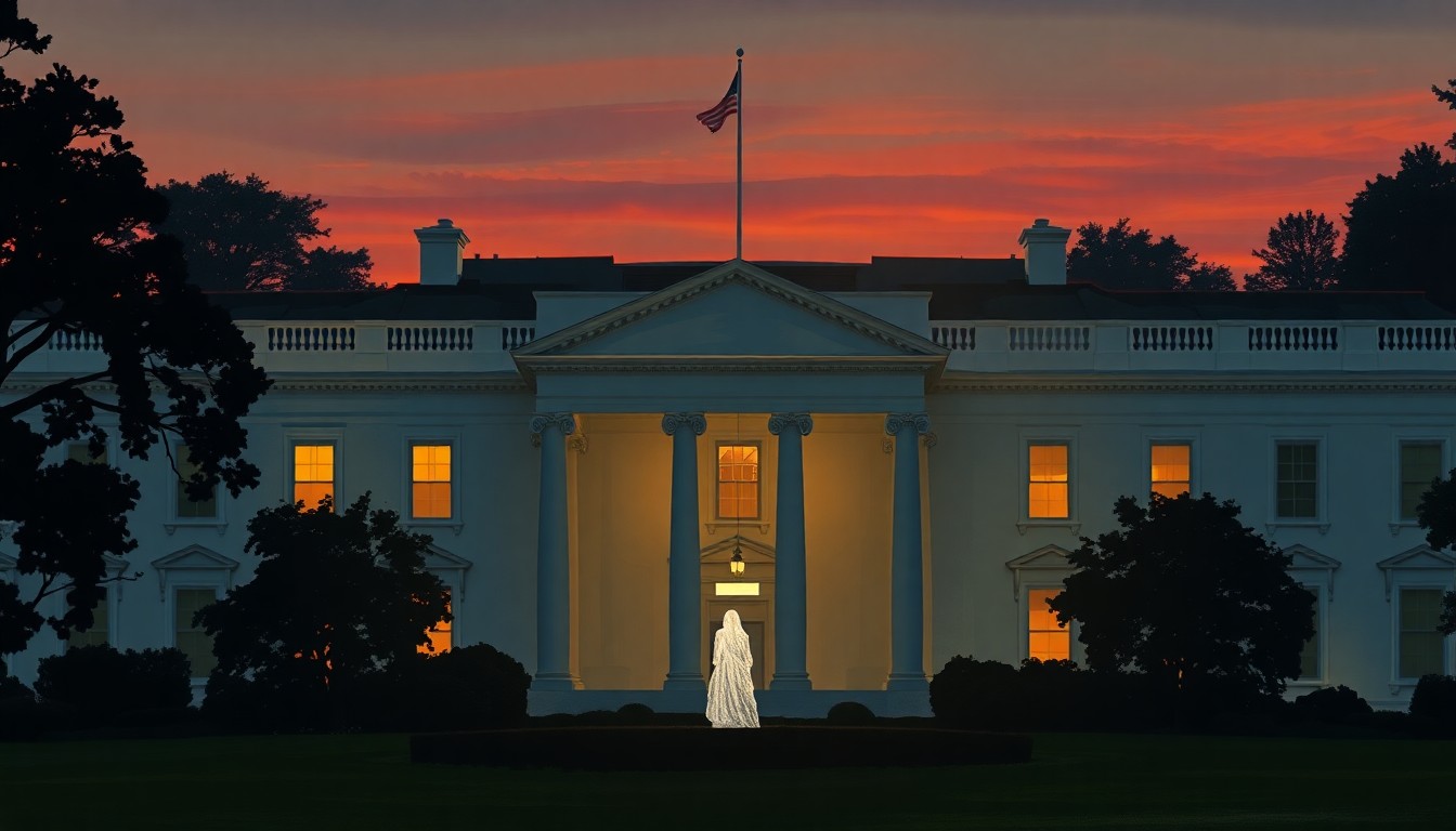 A cinematic painting of the White House at dusk, with the faint outline of a new ballroom addition visible in the background, bathed in warm, diagonal sunlight and deep shadows, conceptually representing the political tensions surrounding the construction project.