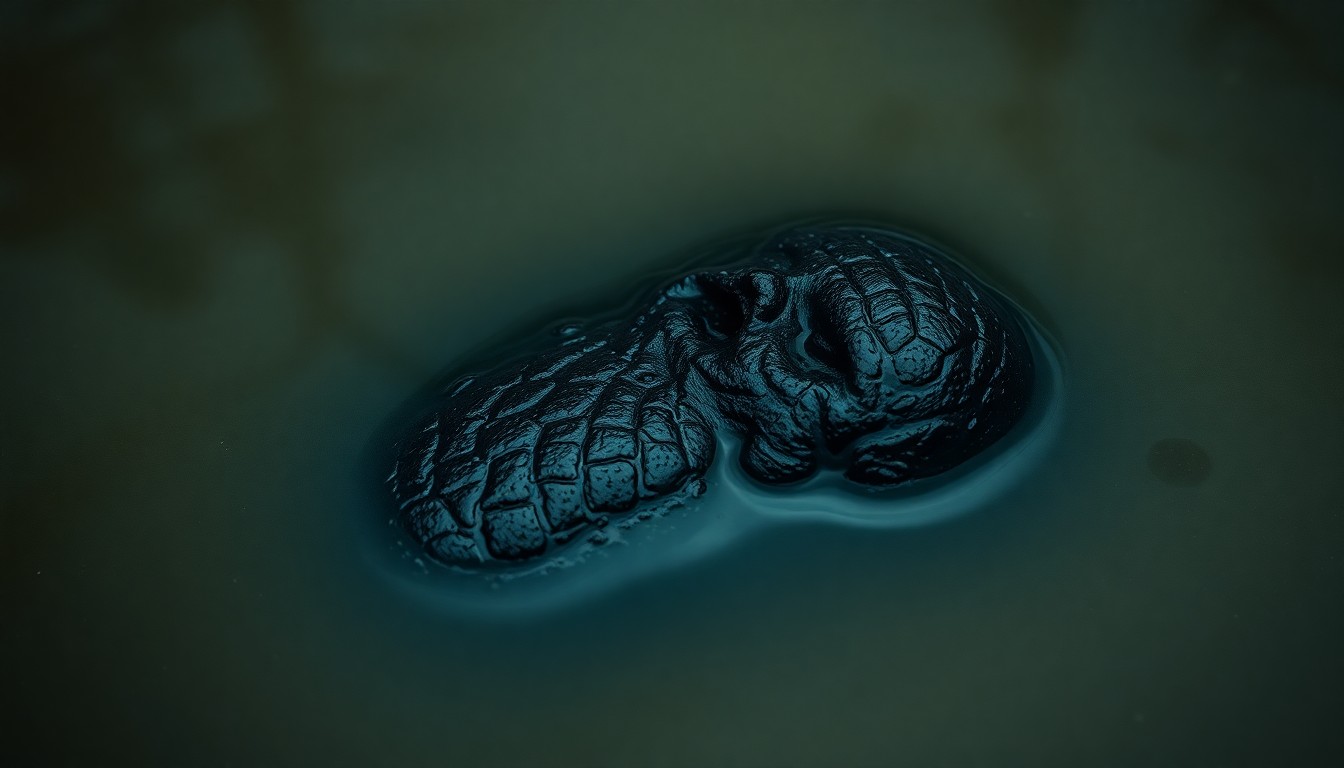 An extreme close-up photograph of a dark, waterlogged object partially submerged in murky pond water, conveying a sense of mystery and the somber nature of the discovery.