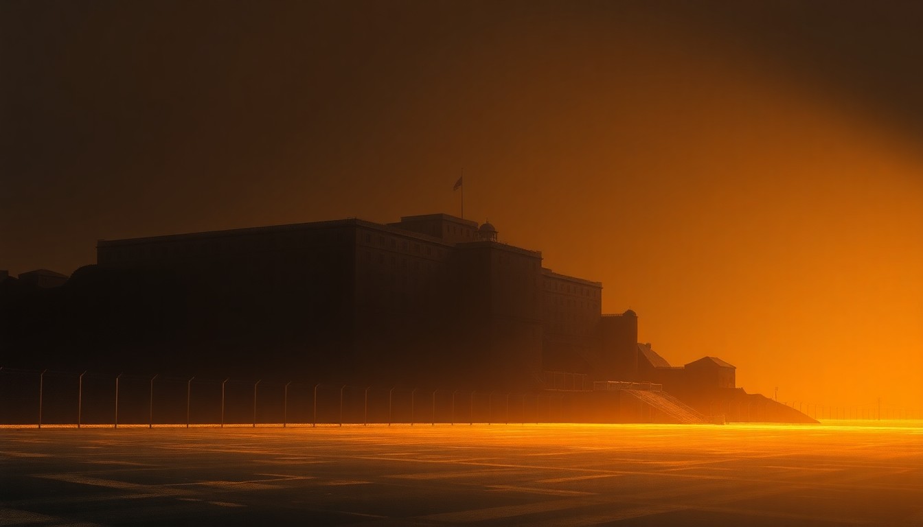 A photorealistic painting of the Alcatraz prison building, its imposing concrete walls and towers bathed in warm, golden sunlight that casts deep shadows across the structure. The image conveys a sense of political tension and the weight of the island's history as a symbol of America's criminal justice system.