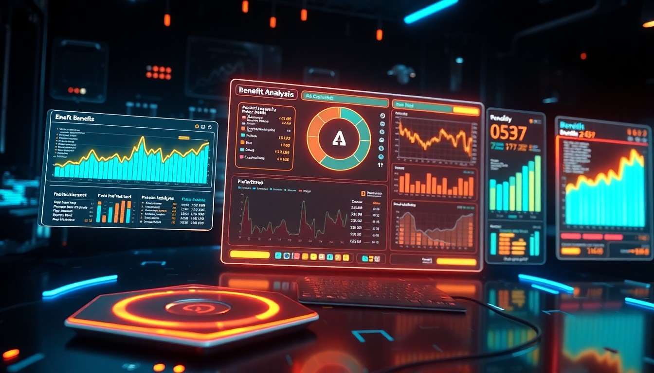A highly detailed, glowing 3D macro illustration of a futuristic, neon-lit benefits analysis dashboard, with various interactive data visualizations and control panels floating in a dark, cyberpunk-inspired environment, conceptually representing the advanced AI-powered analytics capabilities of PEO4YOU's Benefits Intelligence Platform.