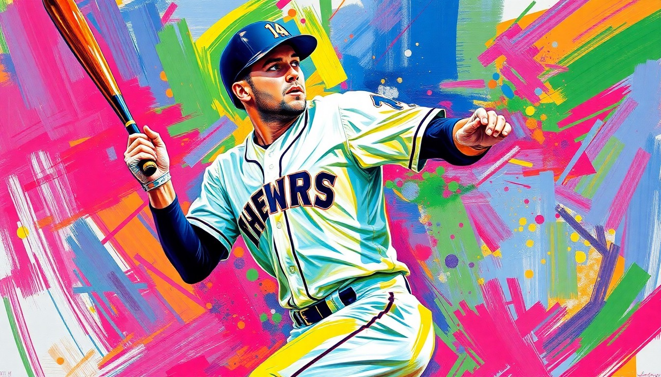 An abstract painting using bold, neon-like brushstrokes in shades of blue, orange, and pink, conveying the intense energy and emotion of a baseball player or manager.