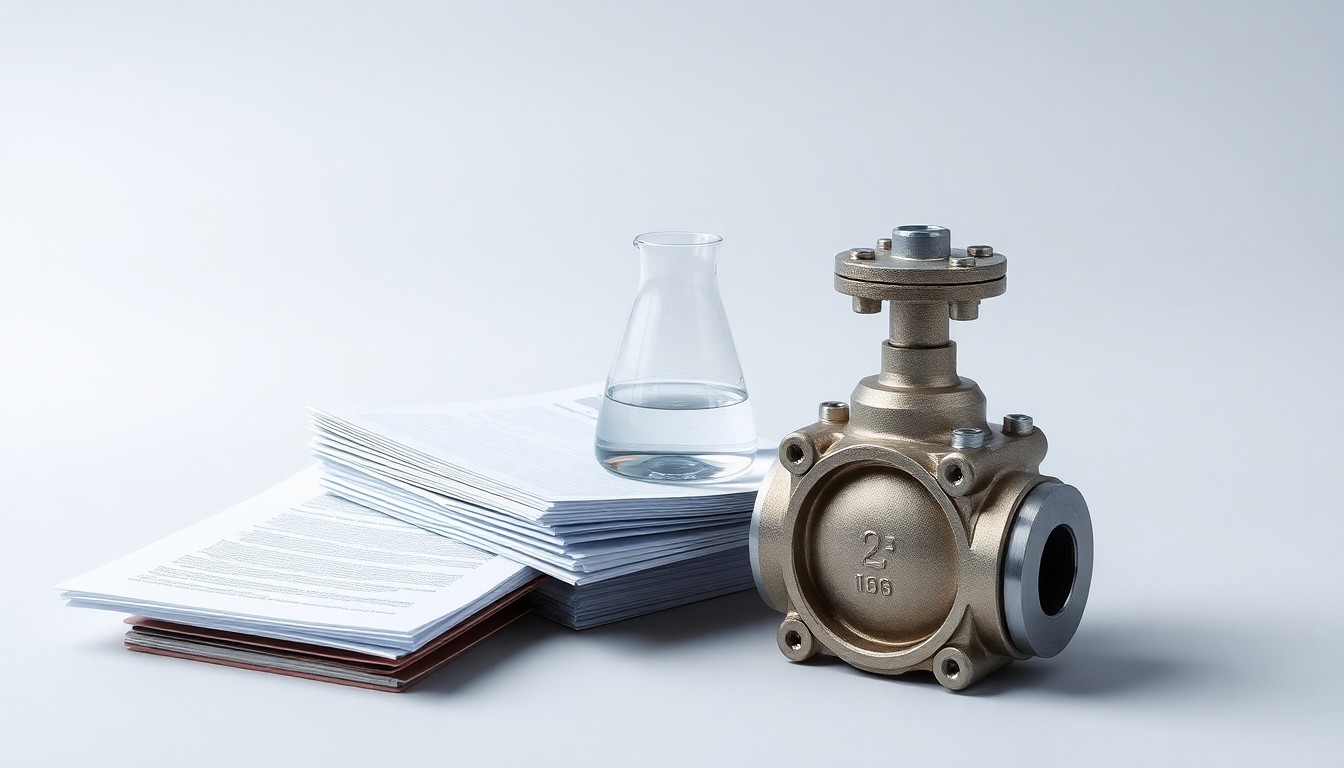 A photorealistic studio still life featuring a polished metal industrial valve, a glass beaker filled with clear liquid, and a stack of paperwork, conceptually representing the complex relationship between industrial water usage and municipal water management.