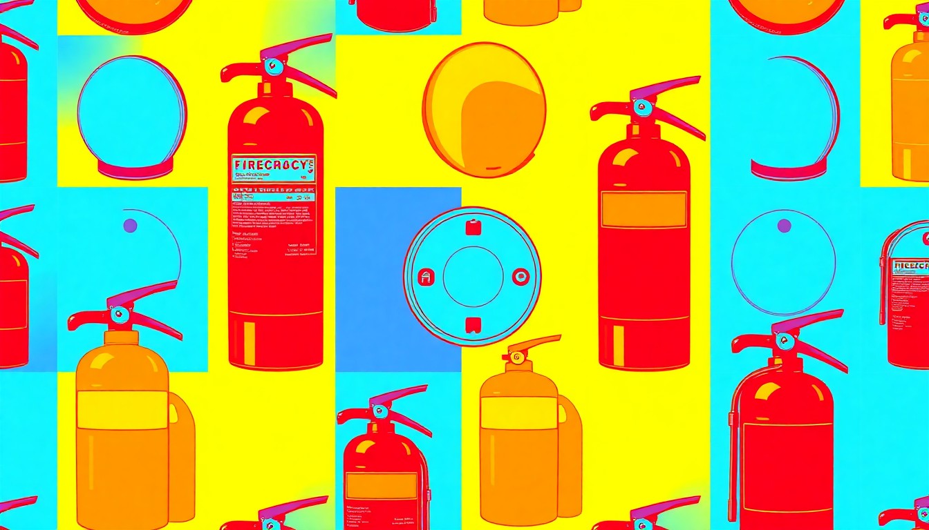 A bold, colorful silkscreen print depicting a repeating pattern of a fire extinguisher in neon shades of red, orange, and yellow, conceptually representing the ongoing efforts to address the aftermath of the Foxridge apartment fire.