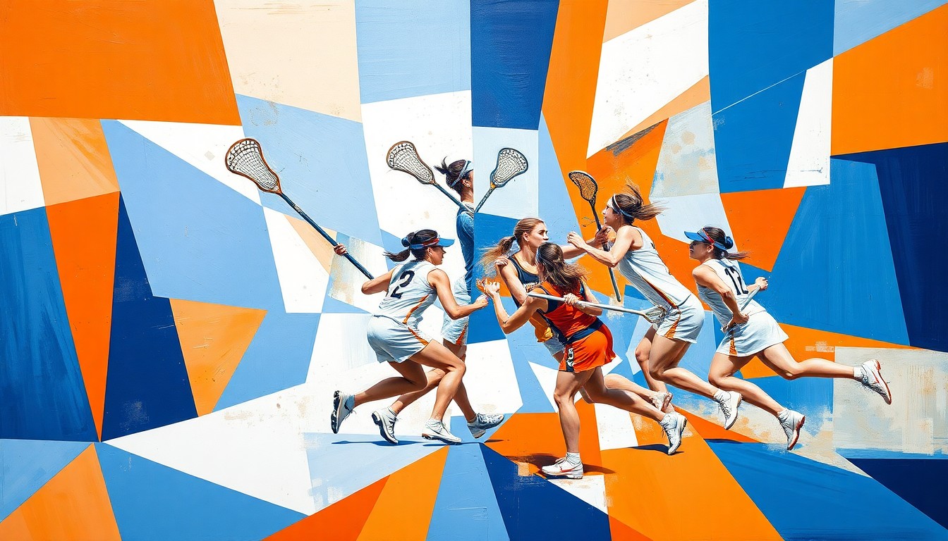 A cubist, geometric painting depicting the dynamic action of a women's lacrosse game, with players and the ball fragmented into overlapping planes of orange, blue, and white.