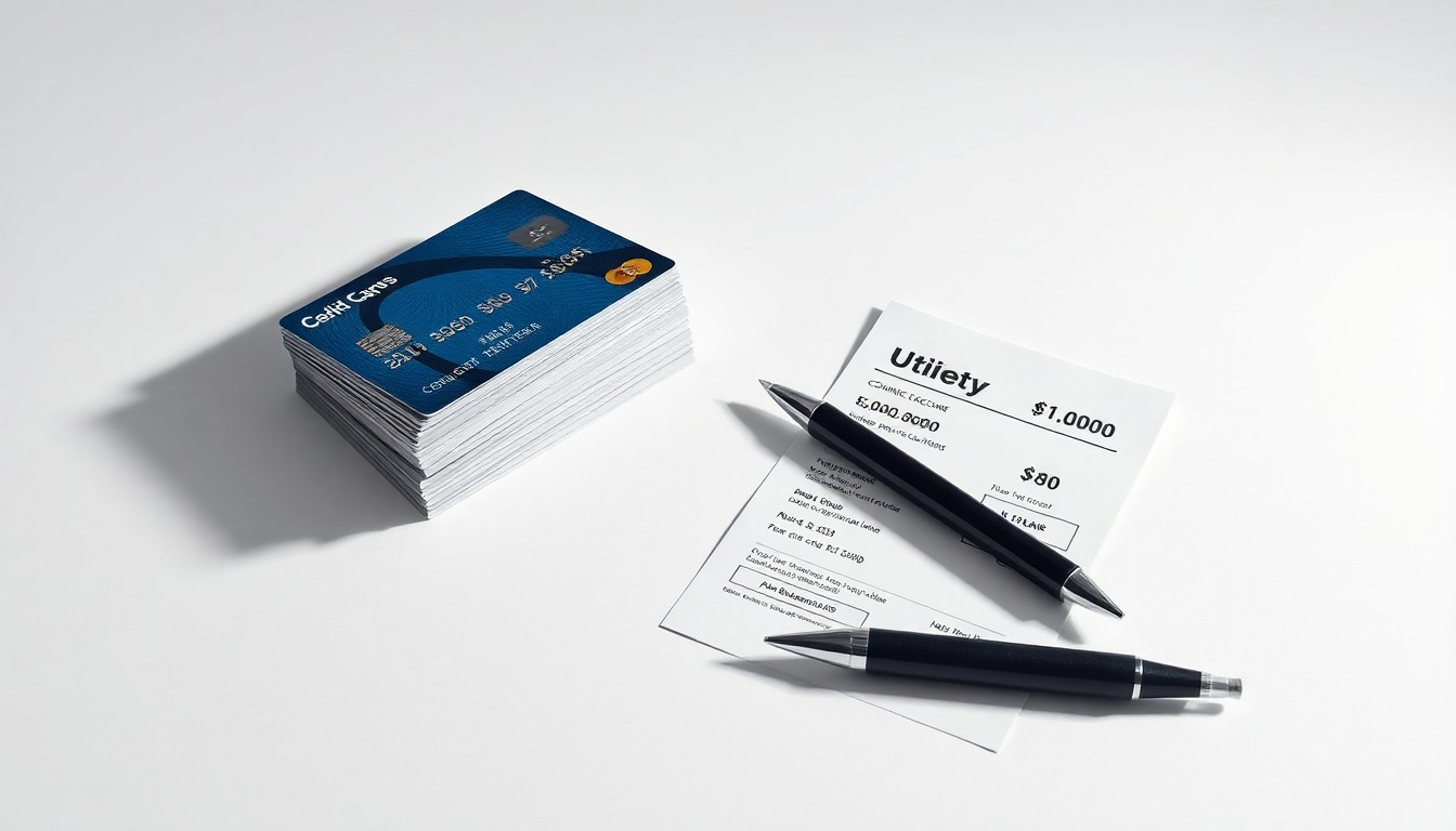 A photorealistic studio still-life featuring a stack of credit cards, a pen, and a city utility bill, symbolizing the abstract concept of municipal finance and payment processing fees.