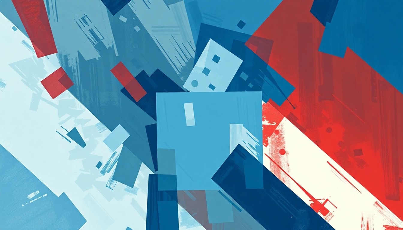 A conceptual abstract painting featuring overlapping geometric shapes and waves of blue, grey, and red paint, representing the motion and energy of the political process around voting rights restoration.