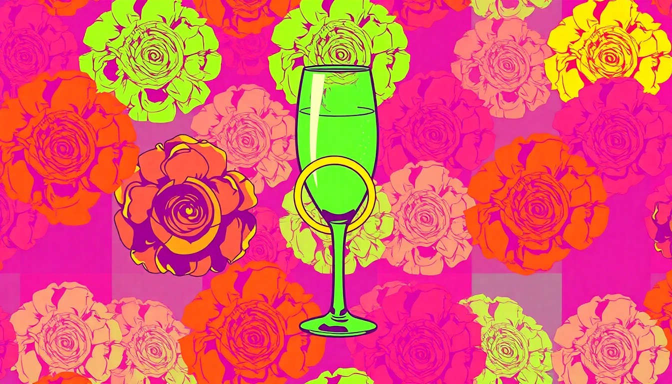 A high-contrast silkscreen print featuring a repeating pattern of a single, stylized wedding bouquet in vibrant neon colors, conceptually representing the anxieties and pressures of modern wedding planning.