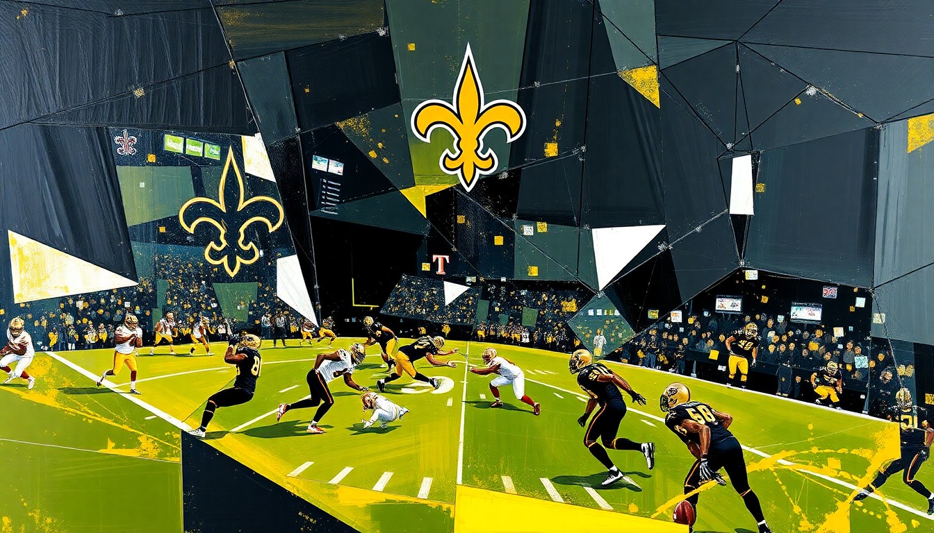 A fractured, cubist-style painting depicting a Saints football game, with sharp geometric planes in the team's colors of black, gold, and white capturing the dynamic action and energy of the sport.