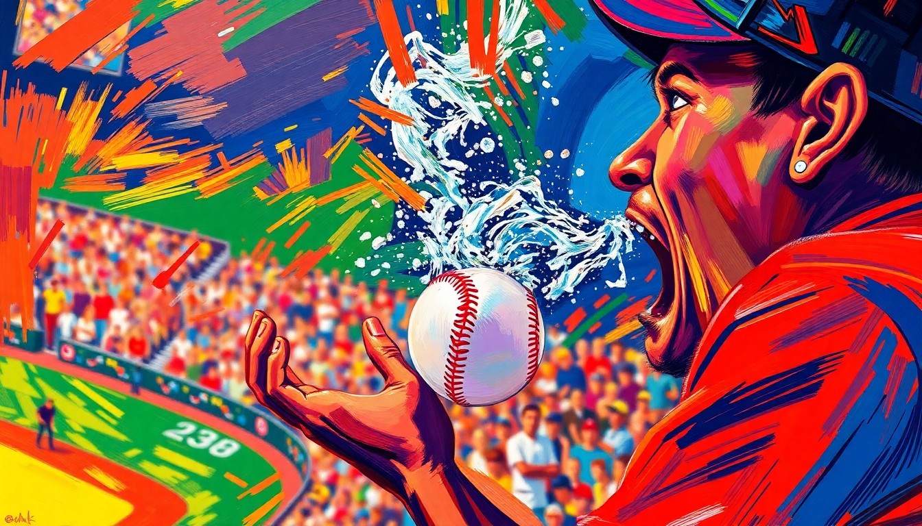 A vibrant, expressionist painting in neon colors depicting the chaotic and emotional moment of a baseball fan spitting on a home run ball before throwing it back onto the field.