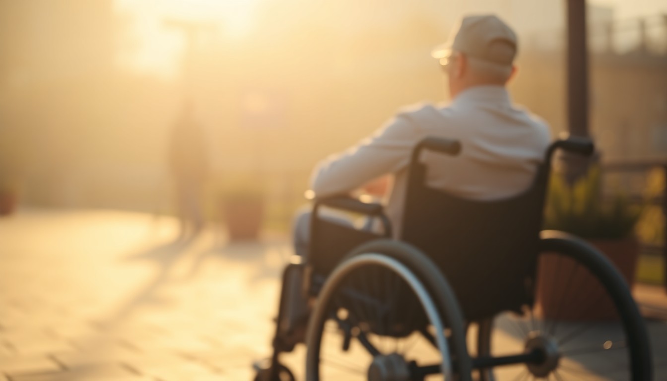 A softly focused, atmospheric photograph depicting the blurred outline of a wheelchair user in a sunny, outdoor setting, with the background obscured in a dreamlike wash of warm, hazy light.