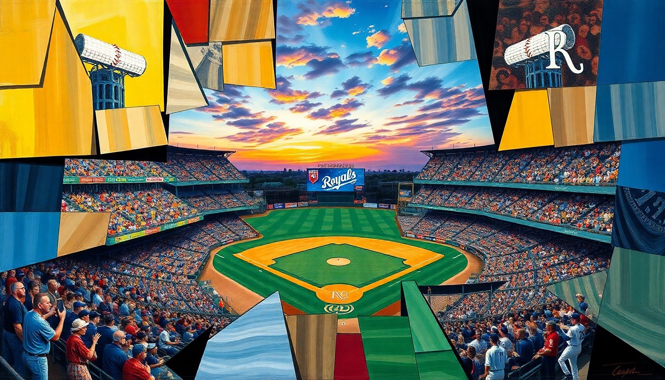 A cubist, geometric painting depicting a baseball game in fragmented, overlapping planes of color, capturing the energy and movement of the sport.