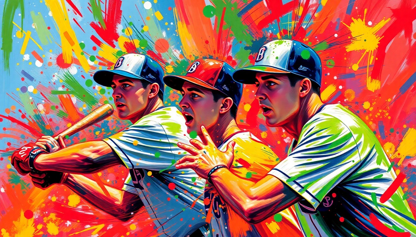 An abstract, energetic painting with vibrant brushstrokes of neon orange, yellow, and blue, capturing the dynamic motion and raw power of a college baseball game.