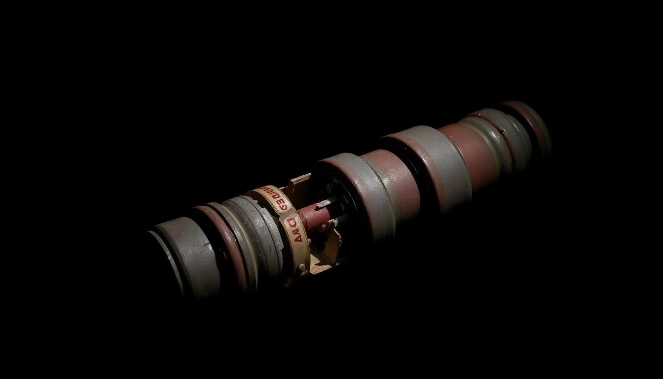 An extreme close-up photograph of a partially disassembled pipe bomb or other explosive device, lit by a harsh, direct camera flash against a pitch-black background, conveying a stark, gritty, and investigative aesthetic without depicting any actual violence.