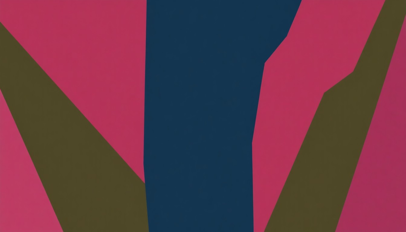 An abstract composition of overlapping geometric shapes in deep indigo, dusty rose, and muted olive green, conveying a sense of creative tension and personal evolution.