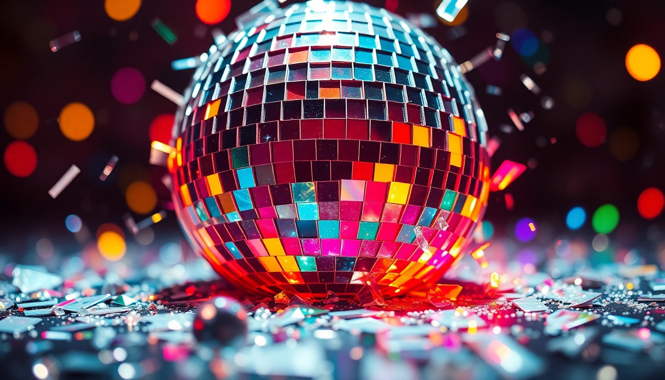An abstract close-up photograph of shattered, glittering disco ball glass reflecting multicolored light, conveying the high-energy, glamorous spirit of a Weezer music video.
