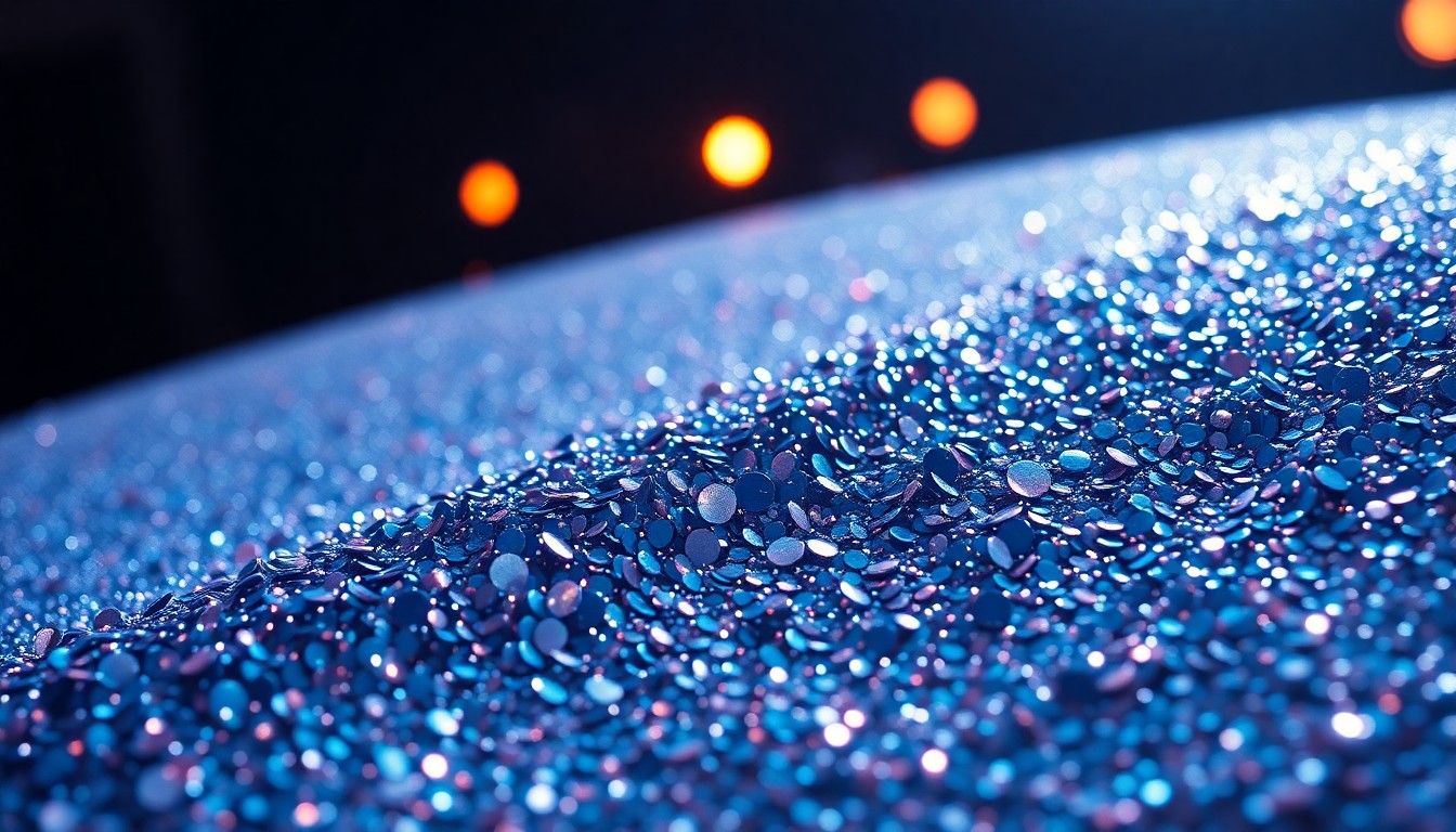 An extreme close-up photograph of shimmering sequins under dramatic studio lighting, capturing the luxurious and glamorous aesthetic of the K-pop music industry.