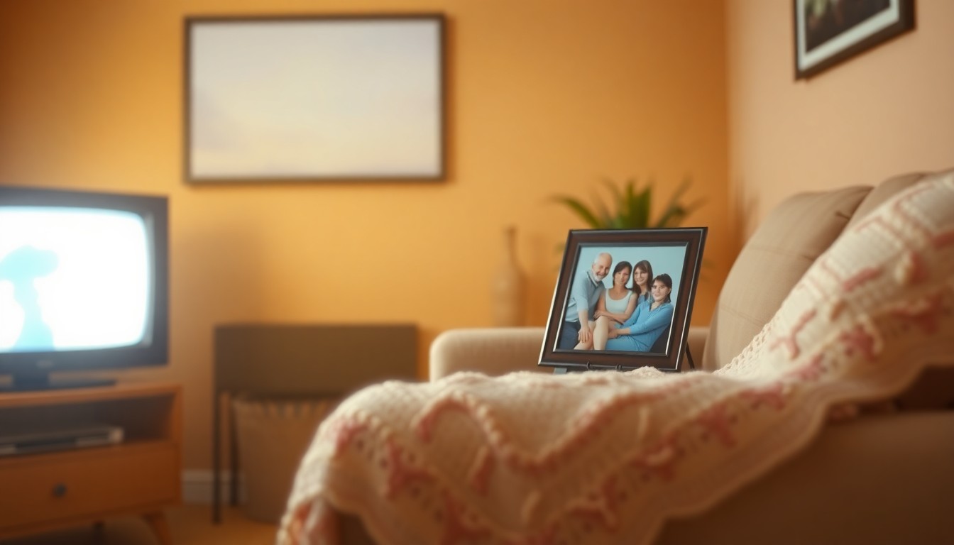 An extremely abstracted, out-of-focus photograph in warm tones depicting a cozy living room scene with a flickering TV screen, a crocheted afghan, and a framed family photo, conceptually representing the comforts of home and family that defined Janice Felton's life.