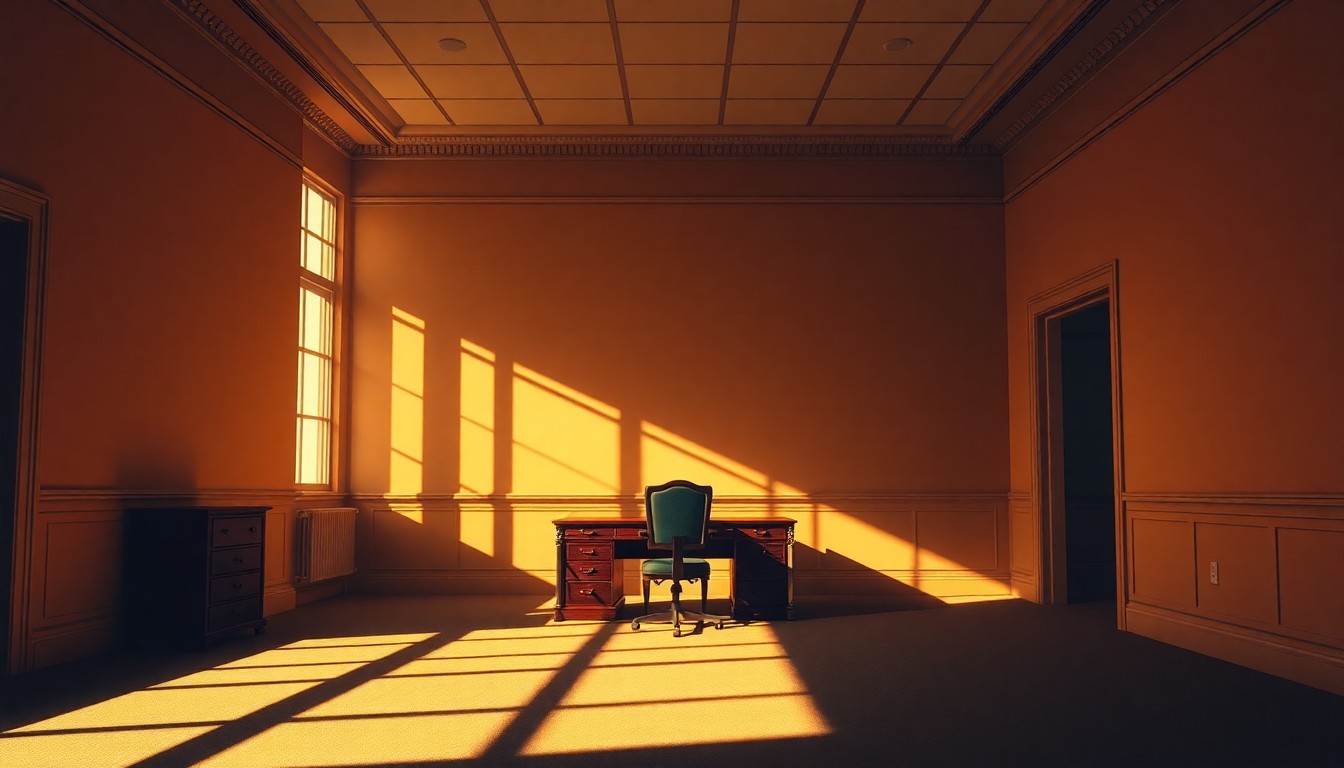 A dimly lit, cinematic interior scene with warm, diagonal sunlight streaming through a window, casting deep shadows across an empty government office with only a lone chair and desk as furnishings, conceptually representing the personal challenges faced by public figures.