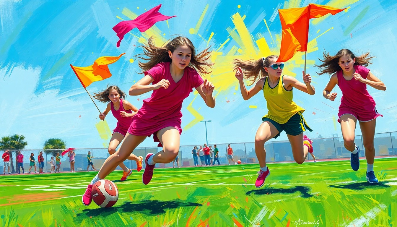 An abstract, energetic painting in neon colors depicting the dynamic movements and energy of girls playing flag football on a high school field, capturing the excitement and potential of the sport's growing popularity.