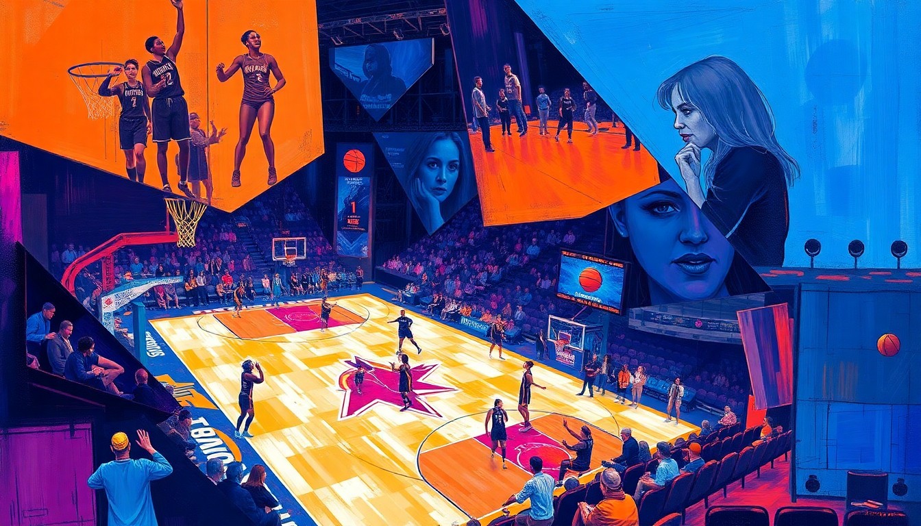 A fragmented, cubist-style painting depicting a WNBA basketball game or draft event, with sharp geometric shapes and planes of vibrant colors like blue, orange, and purple, conveying the disjointed and disappointing nature of the expansion draft process.