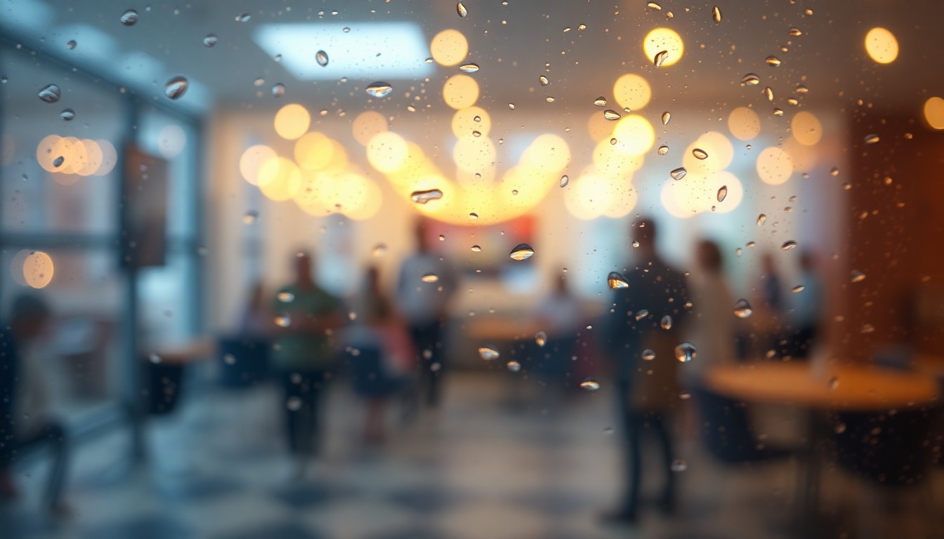 An abstract, impressionistic scene of soft, blurred light and color, conveying the welcoming and educational atmosphere of a Medicare enrollment event.