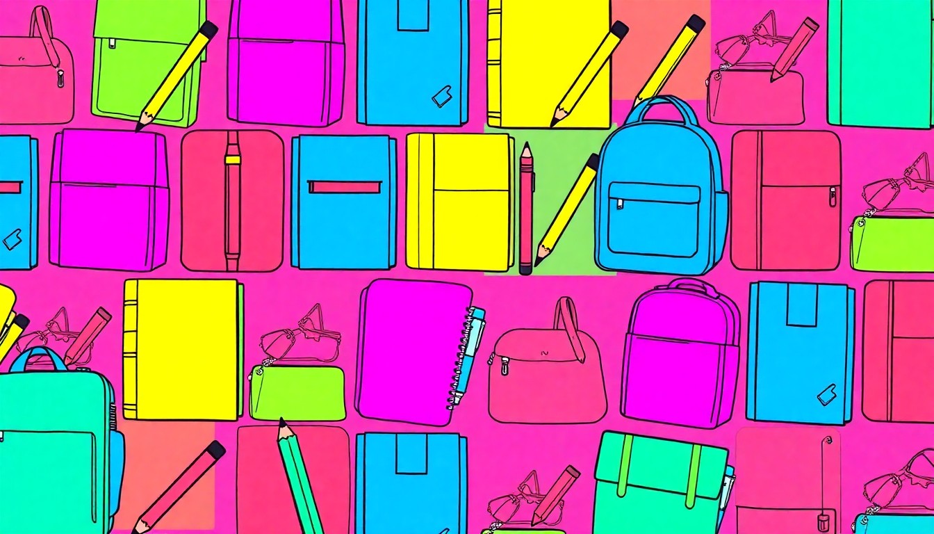 A vibrant, high-contrast silkscreen print featuring a repeated pattern of a single school supply item, such as a pencil or backpack, in a grid of neon colors and bold black outlines, conceptually representing the energy and innovation of Frisco ISD's leadership transition.