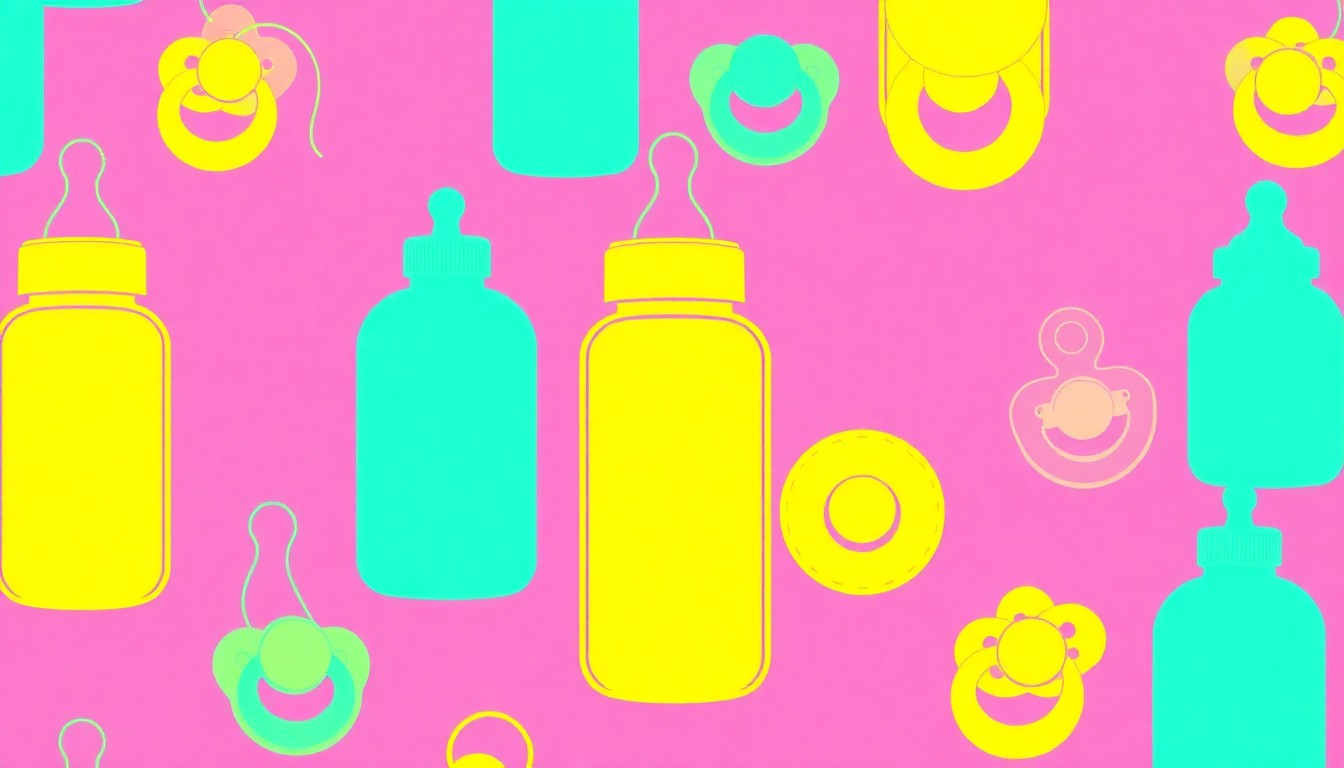 A brightly colored, high-contrast silkscreen print of a baby bottle repeated in a tight grid pattern, utilizing vibrant neon colors and heavy black outlines to transform the everyday object into modern pop art.