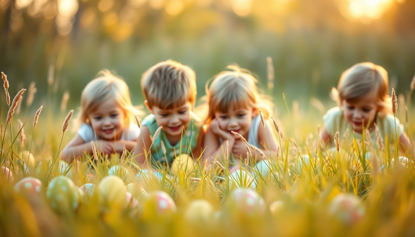 An abstract, impressionistic photograph in soft, blurred tones of yellow, pink, and green, capturing the joyful energy of children searching for Easter eggs in a grassy field.