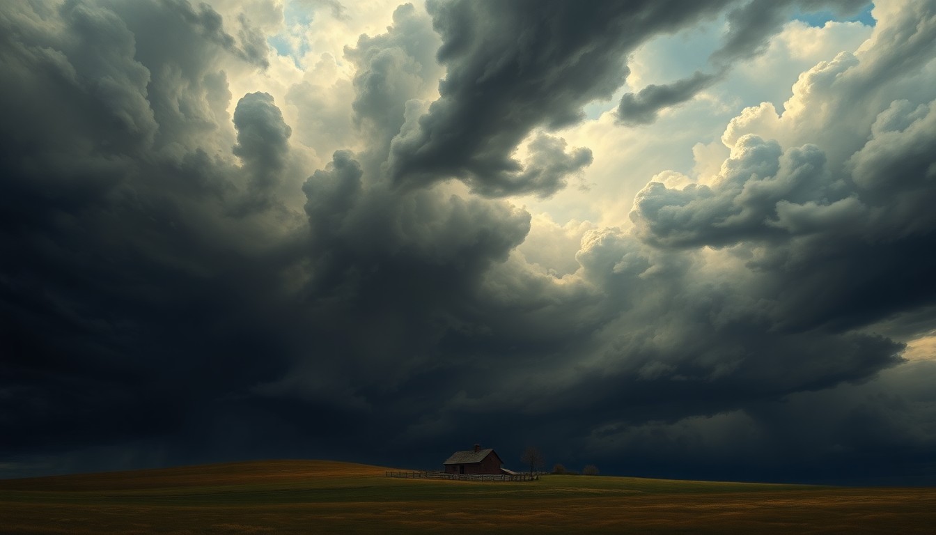 A dramatic landscape painting in the style of Caspar David Friedrich, with a brooding, stormy sky filled with dark clouds that dwarf a small farmhouse or barn in the distance, conveying the overwhelming power of an approaching severe weather system.