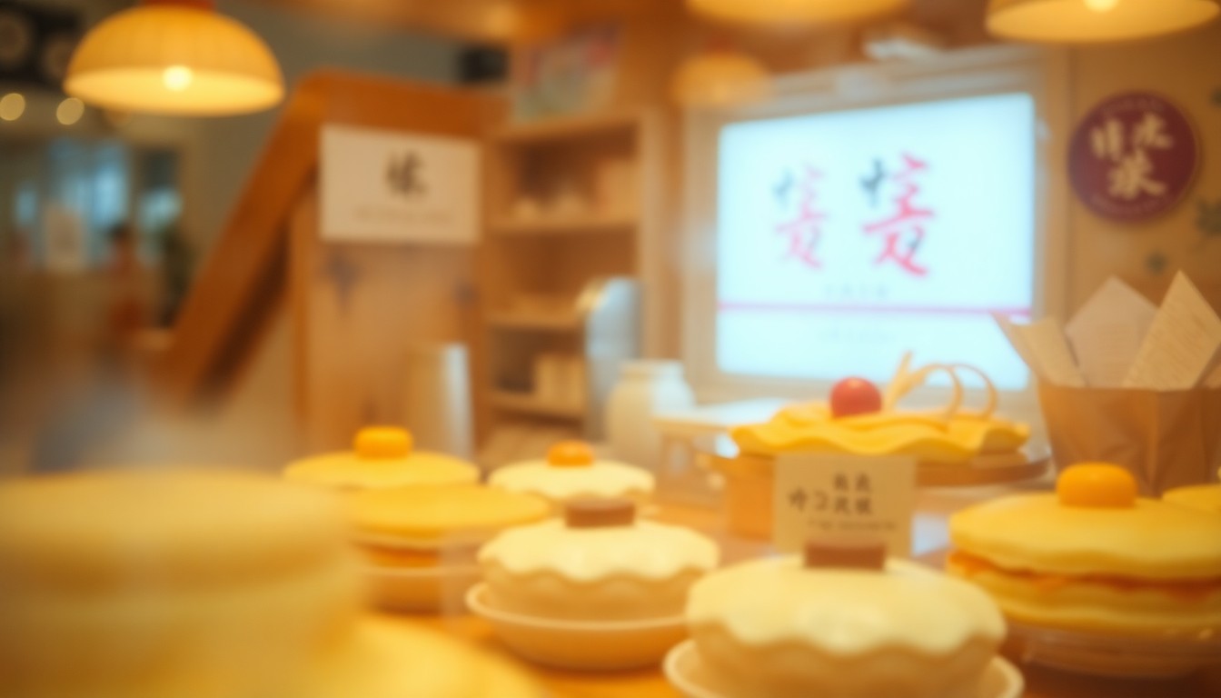 An abstract, out-of-focus scene featuring a display of Japanese-inspired desserts, including fluffy pancakes, crepe cakes, and taiyaki, captured in a warm, hazy, and dreamlike style that evokes the bittersweet emotions surrounding the closure of the Doki Doki dessert shop.